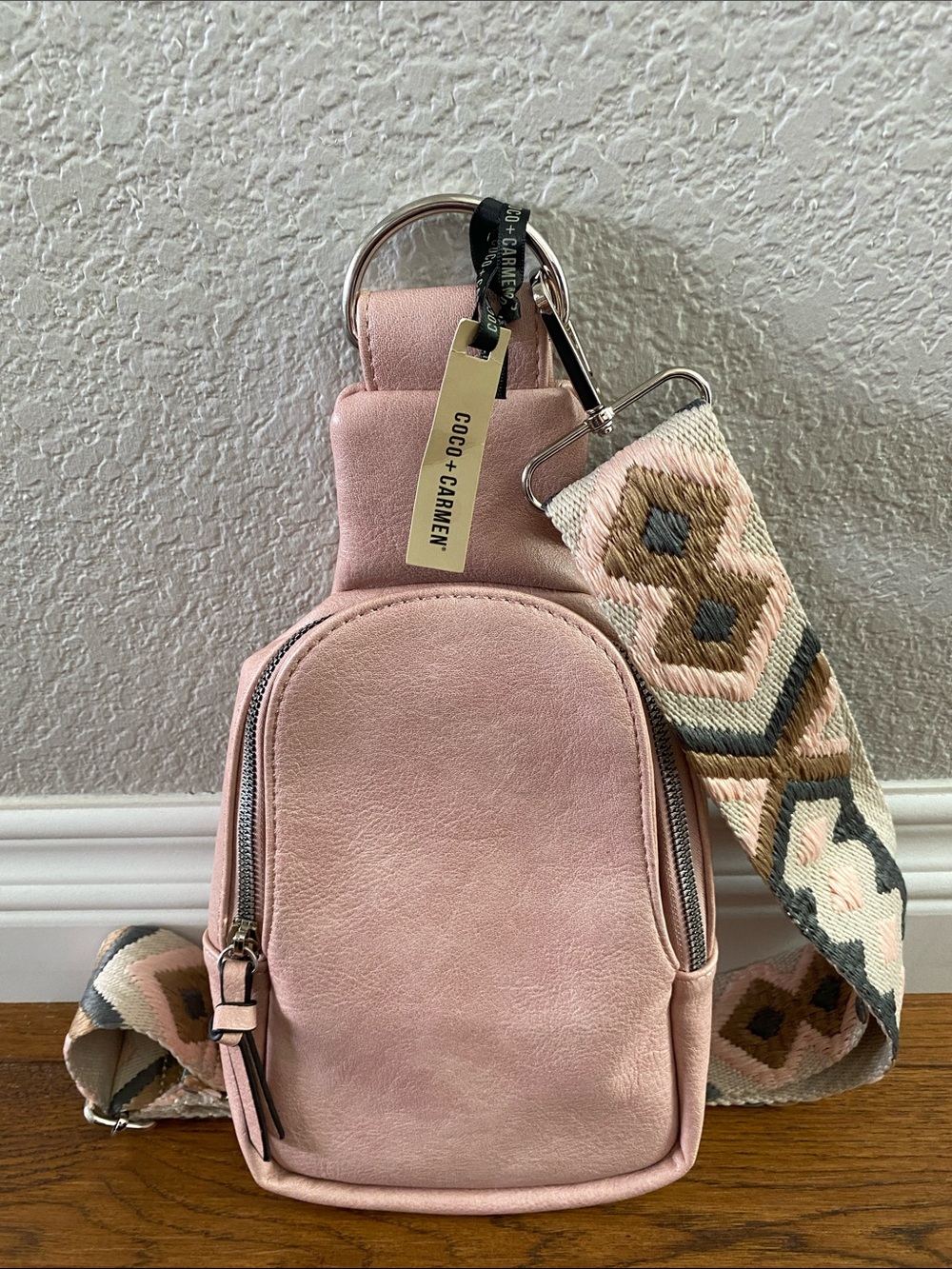 Coco + Carmen Rhea Vegan Leather Dusty Pink Sling Bag with Patterned Strap